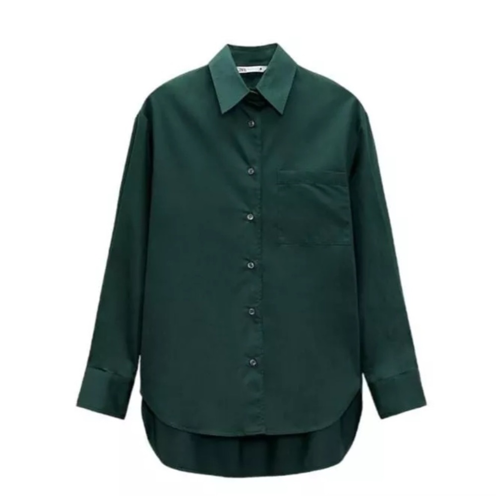Zara dark green poplin button up long sleeve shirt